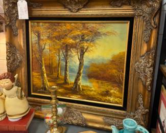 beautiful landscape oil painting framed with black velvet matting