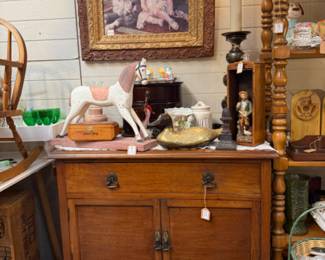 antique solid wood writing desk, framed art, lamp