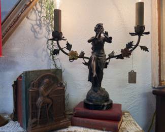 antique lamp, vintage book ends