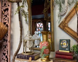 beautiful hand painted brass vase, books, vintage mirror