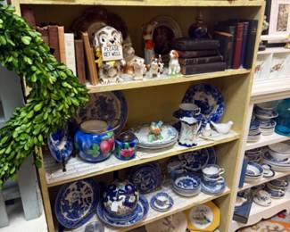 blue and white dinnerware and cups & saucers, books, figurines