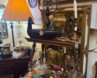 vintage duck box, brass planter, candlesticks, crystal lamp, and more