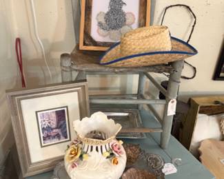 silver plate tray, floral vase, framed art