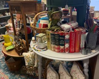 vintage cook books, pillows, tray, end table