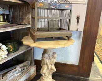 antique decorative bird cage, marble plant stand