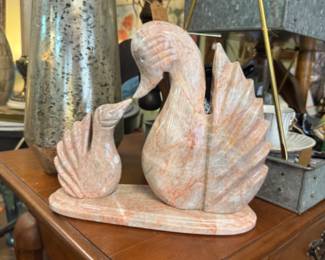 hand cared stone sculpture - mother and baby swan