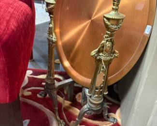 vintage fire dogs (brass) and copper tray