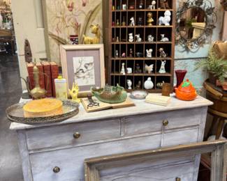 vintage frame, wooden painted cabinet tray, framed art, books