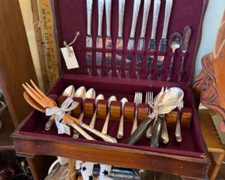 serving pieces, silver ice bucket, silverware set in box