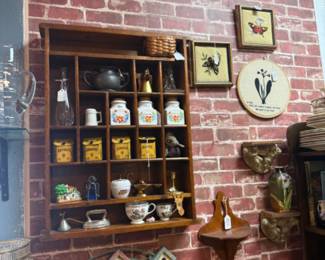 vintage wood shelf with collectibles, clocks, wooden shelf, framed art