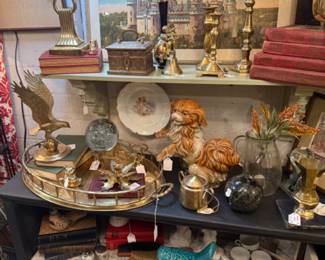 figurines, vintage brass, birds, tea cups, framed art