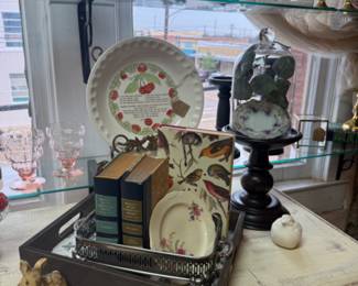 vintage cherry pie plate, figurines, candlesticks, frames and more