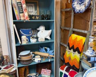 cake pans, vintage bowls, afghans, blue and white dishwater, vinage cookbooks