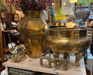 large brass vase, vintage books, large brass planter
