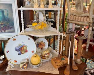 furniture, candlesticks, decorative chair, small white shelf