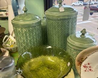 pretty green canisters, green glass bowl and more