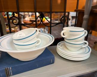 Vintage Pyrex milk glass tableware with blue stripe