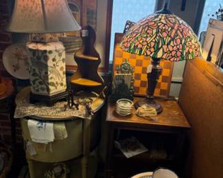 tiffany style lamps, vintage floral lamp, wooden side table, shelf