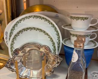 Corelle Spring Blossom green plates, cups and saucers and Corning Ware roaster pan/meat tray