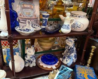 blue and white pieces, vintage brass candlestick