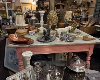 silver plate candlesticks, tea pot, copper trays, candlesticks, framed art, corner shelf
