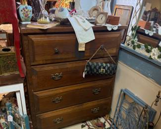 vintage dresser, purse, clocks, frames, child's chair, art, mirrors
