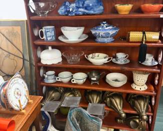 shelf sconces/shelves, vintage dinnerware, blue and white