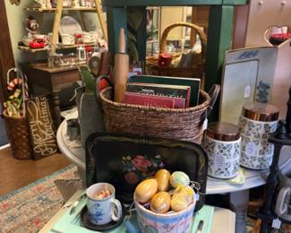 toile tray, basket, canisters, ladder shelf