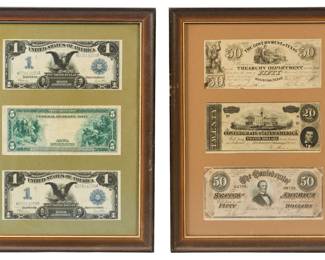Two framed sets of currency, one with two Black Eagle one-dollar notes and a five-dollar Federal Reserve Note, the other with three Confederate States of America notes