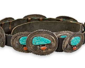 Sterling Silver Turquoise Coral Inlay Concho Belt