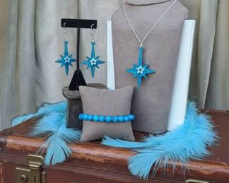 Blue Apatite Bracelet Compass Star Necklace  Earring Set