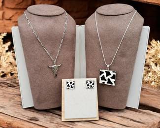 Western Themed Cow Print Necklace Earrings  Bull Skull Necklace