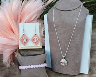 Pink Rose Quartz Bracelet Crescent Moon Earrings  Coral Color Pendant Necklace 