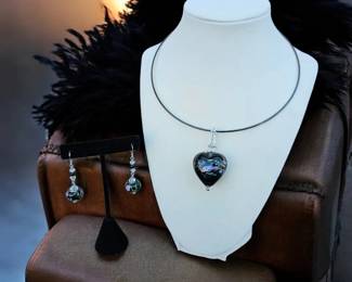 Hand Blown Glass Heart Necklace With Drop Dangle Earrings 