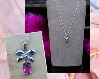 Pink Tourmaline Bow Necklace Sterling Silver  Tested