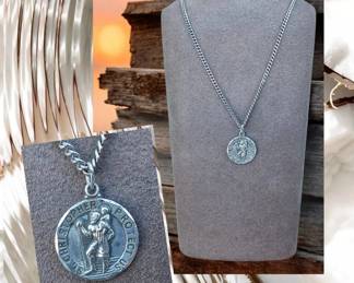 St. Christopher Protect Us Sterling Silver Pendant  Necklace  Vintage