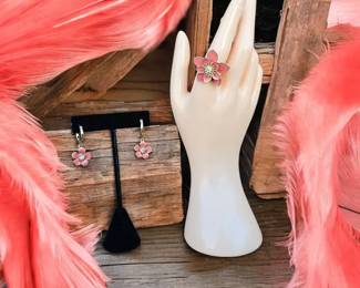 Coral Flower Ring Matching Earrings