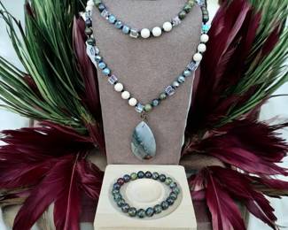 Moss Agate Teardrop Long Necklace With Dragon Blood Jasper Bracelet Tested