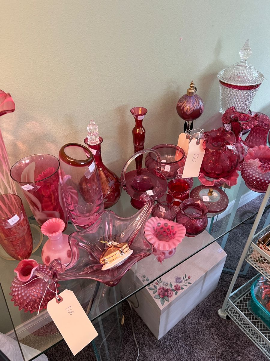 Pink and cranberry glass - I have trie to update the pictures - the bottom 200 are all definitely there!  Sunday at 10 am! 