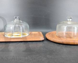 GLASS DOME AND WOOD PLATTERS