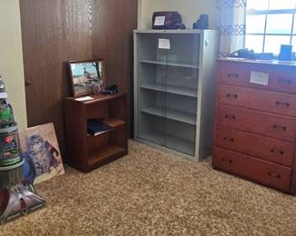 Metal Cabinet With Glass Sliding Doors, 5 Drawer Dresser, Wood 2 Self Piece and Hoover Carpet Cleaner