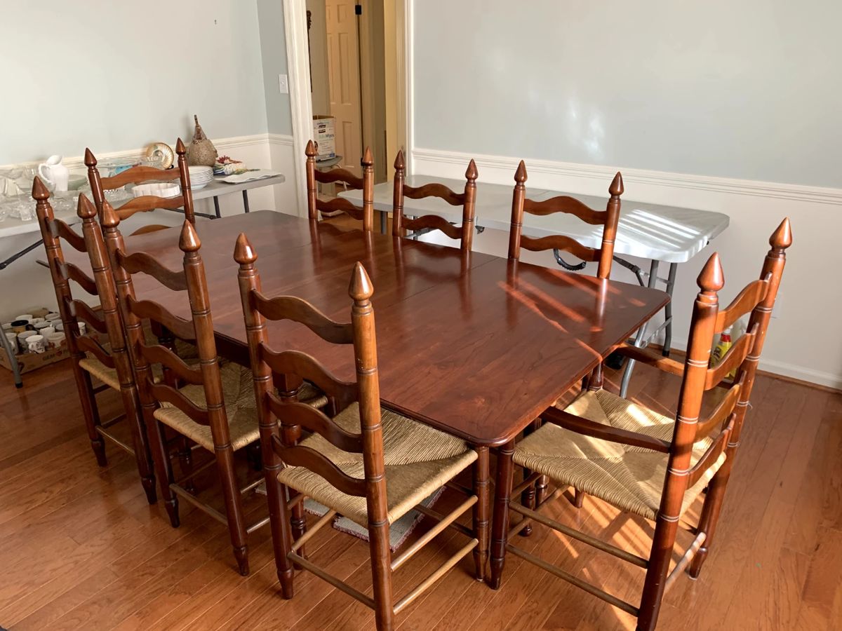 #1	Diningroom gate leg table with 6 chairs and 2arm chairs  27-76x29	 $300.00 
