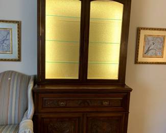 #18	Antique  Wood Secretary w/Top Hutch and 3 glass Shelves w/Wavy Glass Doors w/2 wood Doors & 1 drawer w/drop down Front w/cubbies & 6 drawrs and pull-out Desk  - (knobs missing on inside drawers - Carved Doors on Bottom - You Move - 48x19-33x40-96	 $800.00 
