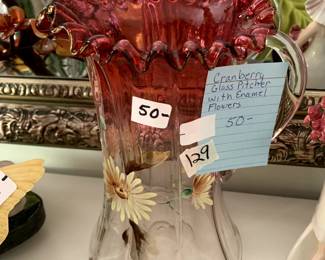 #129	Cranberry Glass Pitcher w/painted enamel Flowers	 $50.00 
