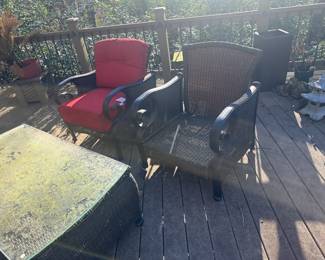 #236	Lazy Boy Plastic Wicker and Metal Patio Set - 2 Chairs (29"), Couch (69"), and Glass Top Coffee Table (48x26x19)	 $350.00 
