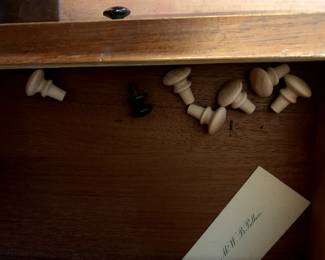 #18	Antique  Wood Secretary w/Top Hutch and 3 glass Shelves w/Wavy Glass Doors w/2 wood Doors & 1 drawer w/drop down Front w/cubbies & 6 drawrs and pull-out Desk  - (knobs missing on inside drawers - Carved Doors on Bottom - You Move - 48x19-33x40-96	 $800.00 
