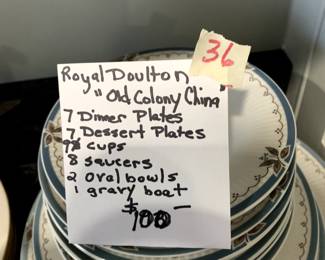 #36	Royal Doulton "Old Colony China" mixed China Set	 $100.00 
 
