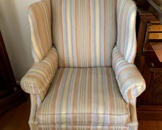 #17	Taylor King Tan/Slate Blue/Burgandy Stripe Wingback Chair	 $75.00 
