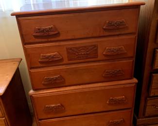 #69	Genuine Maple 5 Drawer Chest of drawers w/wood Carved Handles (as is finish) - 31x17x45  (upstairs you move)	 $40.00 
