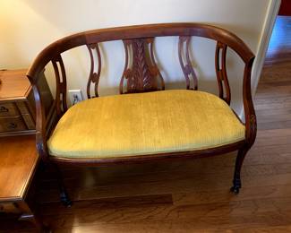 #23	Wood Arm/Wood Carved Back Bench w/Gold Fabric Seat on Wheels - 40" Wide	 $150.00 

